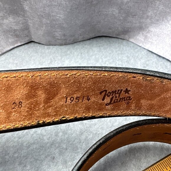 Size 28 Tony Lama Western Tooled Leather Belt w/ Silver & Gold Horse Buckle - Picture 6 of 12